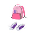 Pink backpack for sports and leisure and purple sneakers Royalty Free Stock Photo