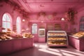 A pink bakery with studio flowers and realistic feel generated by Ai