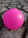 Pink ball on the conblock in the front yard