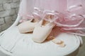 ballet, pointe shoes, pink tutu and bouquet of flowers Royalty Free Stock Photo