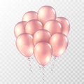 Pink balloons. Bunch of helium golden rose baloons. Gold realistic ballon vector illustration.