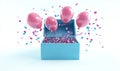 Surprise Party Reveal: Pink Balloons and Confetti Erupt from a Blue Gift Box Royalty Free Stock Photo