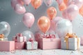 Pink balloons and gift boxes with ribbons on white background. 3D Render, 3d render of birthday background with gift box, balloons Royalty Free Stock Photo