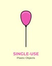 Pink baloon with single-use plastic stick. Vector illustration of recycling plastic item. Pink baloon plastic stick logo