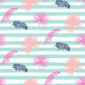 Pink banana palm leaves striped blue seamless vector pattern.