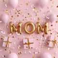 pink banner background, suitable for Mother's Day. Mom balloon words with gift boxes, golden confetti Royalty Free Stock Photo