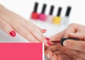 Pink banner with copy space against close up of woman applying nail paint