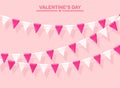 Pink banner with garland of colour festival flags and ribbons, bunting. Background for celebrate valentines day, happy birthday Royalty Free Stock Photo