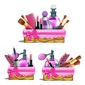 Pink basket - cosmetic brushes, lipstick, perfume Royalty Free Stock Photo