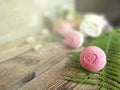 Pink bath bomb with fern leaf  on wooden background. Royalty Free Stock Photo