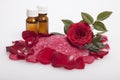 Pink bath salt in rose petals and bottles with oil Royalty Free Stock Photo