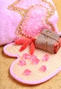 Pink bath towel, natural soap, body scrubber Royalty Free Stock Photo