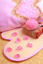 Pink bath towel, natural soap, bomb salt Royalty Free Stock Photo