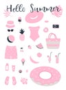 Pink beach accessories isolated on white. Swimsuit, swimming trunks, hat, sunglasses, flip flops, sunscreen, camera