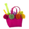 Pink beach bag with toys and towels Royalty Free Stock Photo