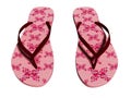 Pink beach slippers for girl with red flowers 3d render on white background no shadow Royalty Free Stock Photo