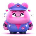 A pink bear with a blue hat and pink uniform, AI