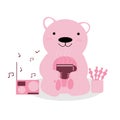 Pink bear holds a cup of warm tea. Listen to music beside a plant pot.