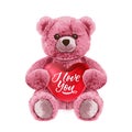 Pink bear toy with red heart. Realistic vector illustration. Fashion print, greeting card or poster design element Royalty Free Stock Photo
