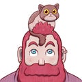 Pink Bearded Man with a Cat on the Top of His Head