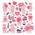 Pink bears with hearts, flowers and sweets. Cute set for Valentine\'s Day