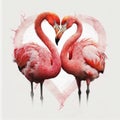 Pink beautiful flamingos in love on white background generative AI