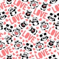 Pink, beautiful and romantic hand drawn pandas with hearts love typography design repeated pattern vector