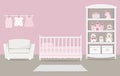 Pink bedroom for a baby girl. Kid`s room for a newborn baby