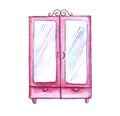 Pink bedroom furniture. Wardrobe. Hand-drawn watercolor illustration. Isolated on white background