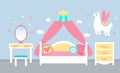 Pink bedroom interior for a princess girl with a four-poster bed and a crown. flat vector illustration Royalty Free Stock Photo