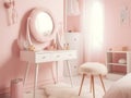 A pink bedroom with a white vanity and a mirror. AI generative image.