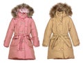 Pink and beige female winter coats