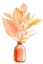 Pink and beige tropical leaves, a bouquet of dry plants in a vase on a white background, watercolor illustration