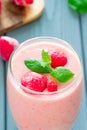 Pink Berry Smoothie with Frozen Strawberries and Mint, Close-up Royalty Free Stock Photo