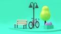 Pink bicycle cartoon style in green parks minimal 3d render going-travel-transportation-save environment city concept