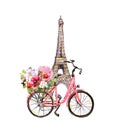 Vintage bicycle with flowers in basket and Eiffel tower in Paris. Watercolor Royalty Free Stock Photo