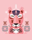Pink Big Cat Portrait Illustration.
