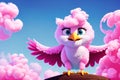 A pink bird standing on a cloud with its wings spread out. Royalty Free Stock Photo