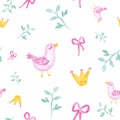 Pink birds with branches and princess crown watercolor painting - hand drawn seamless pattern on white background Royalty Free Stock Photo