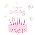 Pink birthday cake decorated candles vector illustration, gold glirtter sparks and sparklers on white background, happy Royalty Free Stock Photo