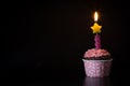 Pink Birthday Cupcake with Candle Dark Background Royalty Free Stock Photo