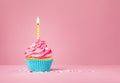 Pink Birthday Cupcake with yellow Candle and Blue Heart Sprinkles Royalty Free Stock Photo