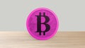 Pink bitcoin gold coin Isolated on wood wooden table. bit-coin 3d render isolated, cryptocurrency, crypto, business, managment,