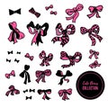 Pink and black bows on white background collection. Hand drawn vector illustration.