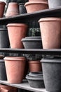 Pink and black clay flowerpots on a shelf Royalty Free Stock Photo