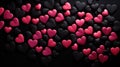 Pink and black heart shaped rocks on black background. Pile of white heart Royalty Free Stock Photo