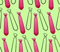 Pink and black outline style neckties seamless pattern on green background Royalty Free Stock Photo
