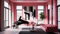 Pink modern living room with a piano. Interior design illustration. Generative AI.