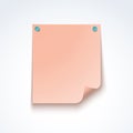 Pink blank post note paper sheet fixed with push pins isolated on white background. Vector mockup Royalty Free Stock Photo