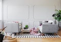 Pink blanket and table between grey settees in living room interior with plant and pouf. Real photo Royalty Free Stock Photo